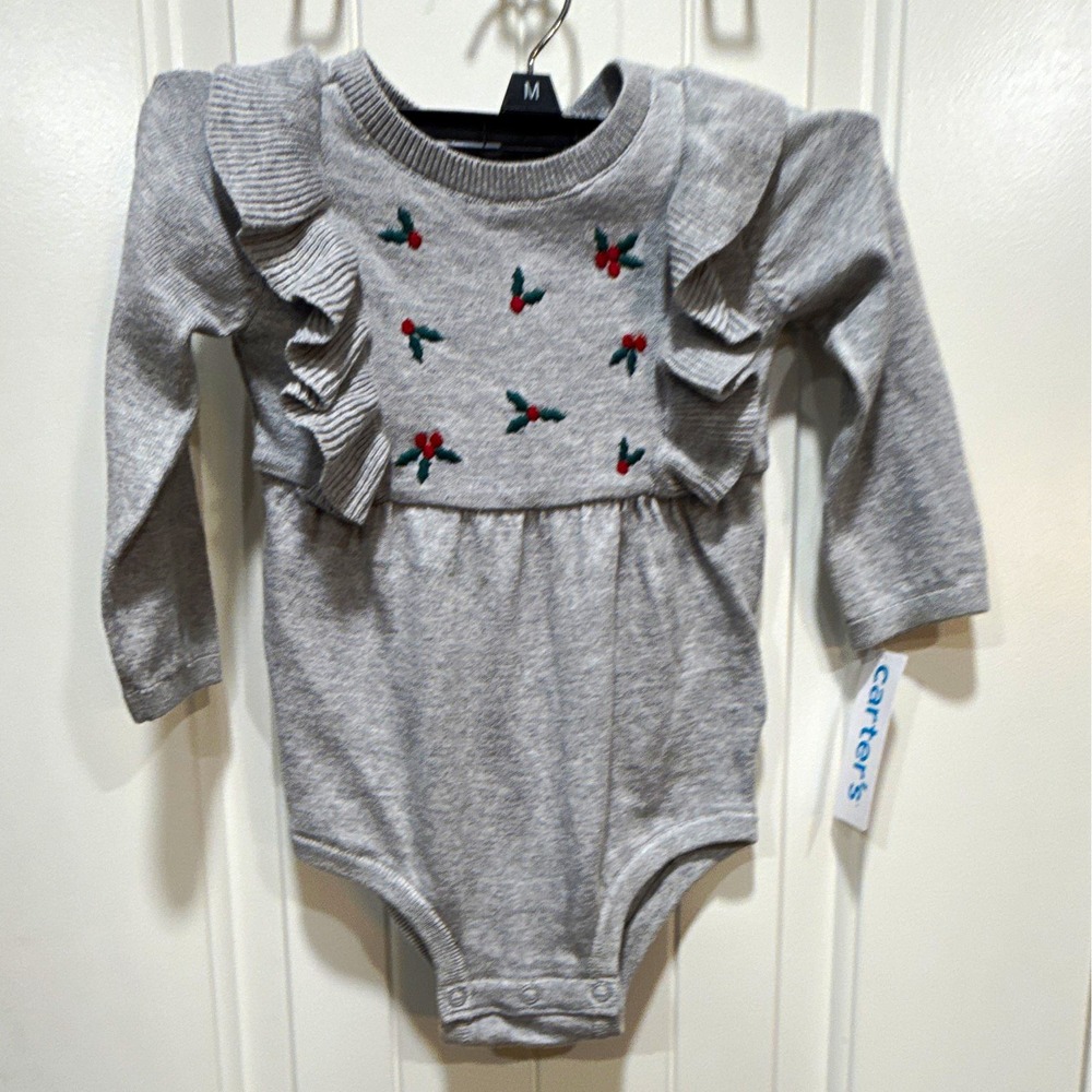 Carter's Girls 12M Gray Knit Long Sleeve Ruffle Embroidered Bodysuit NWT